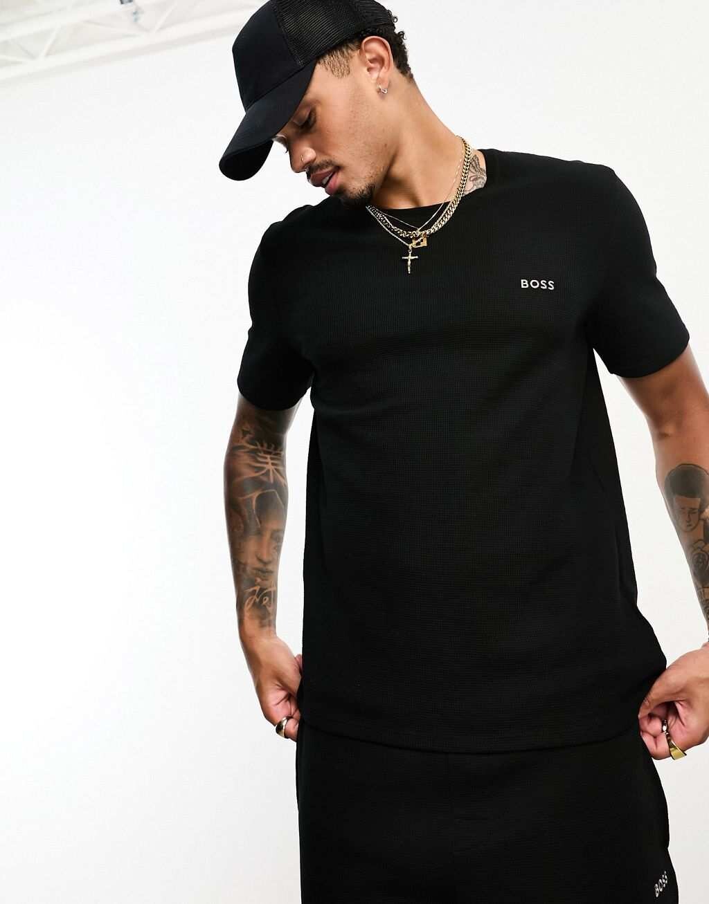 

Черная футболка с вафельным логотипом Boss Bodywear