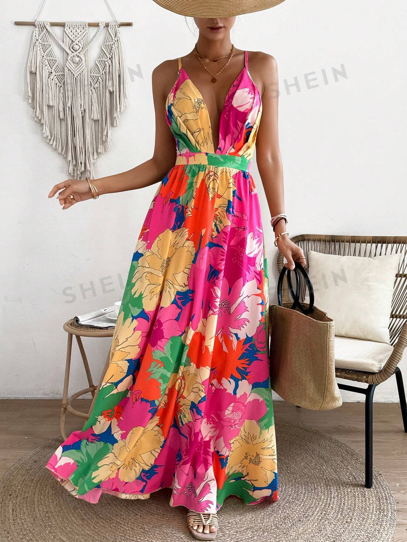 цена SHEIN VCAY Платье на тонких бретельках с открытой спиной и цветочным принтом, многоцветный