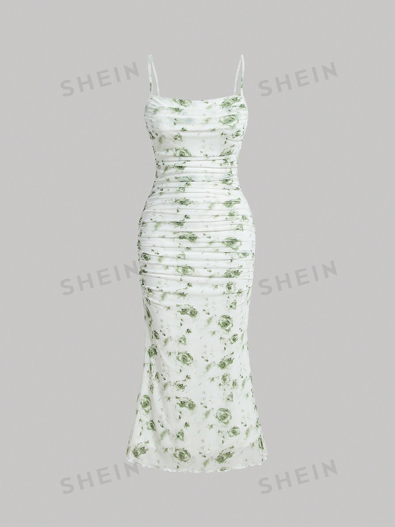 SHEIN MOD Плиссированное платье-комбинация с цветочным принтом и рюшами по подолу, зеленый