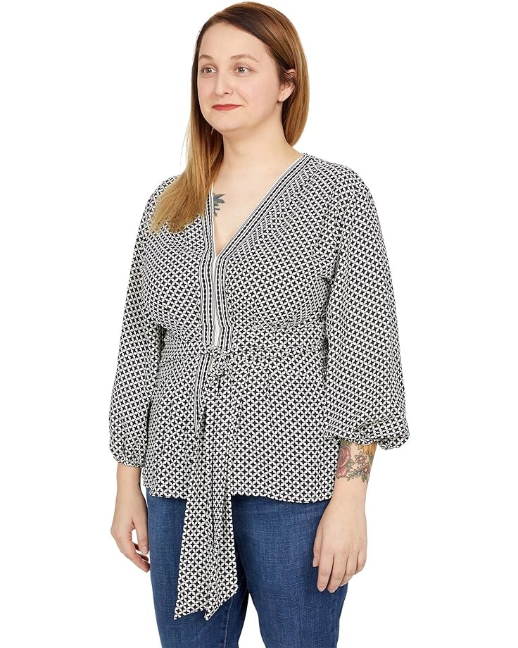 

Топ Max Studio Crepe Long Sleeve Tie Front Top, цвет Ivory/Black Micro Checks