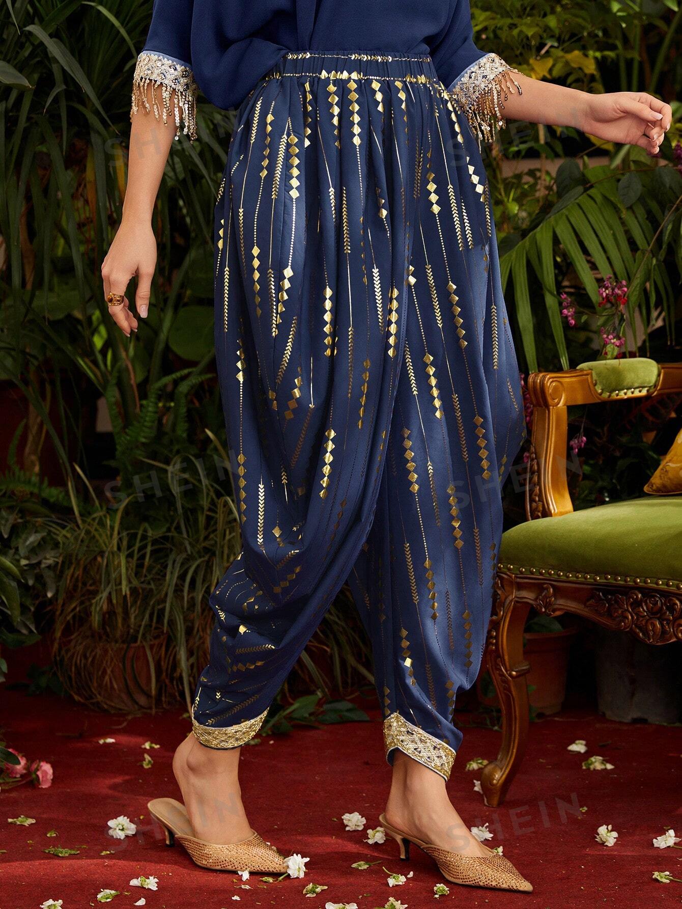 SHEIN Mulvari Женские брюки-джоггеры цвета металлик с золотым узором и тканой лентой в стиле пэчворк, темно-синий