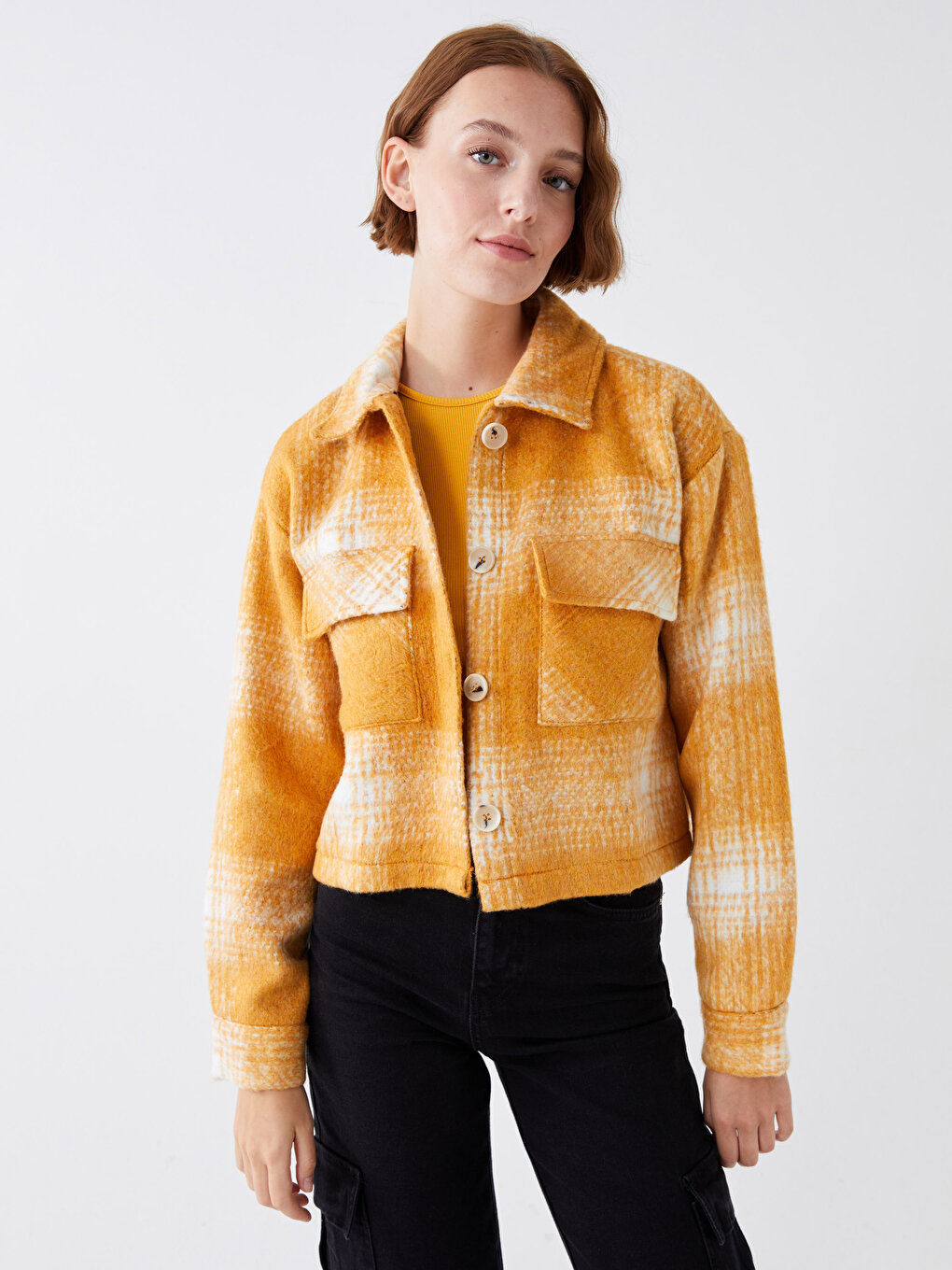 цена Фланелевая женская куртка-рубашка в клетку с длинным рукавом LCW Casual, желтый плед
