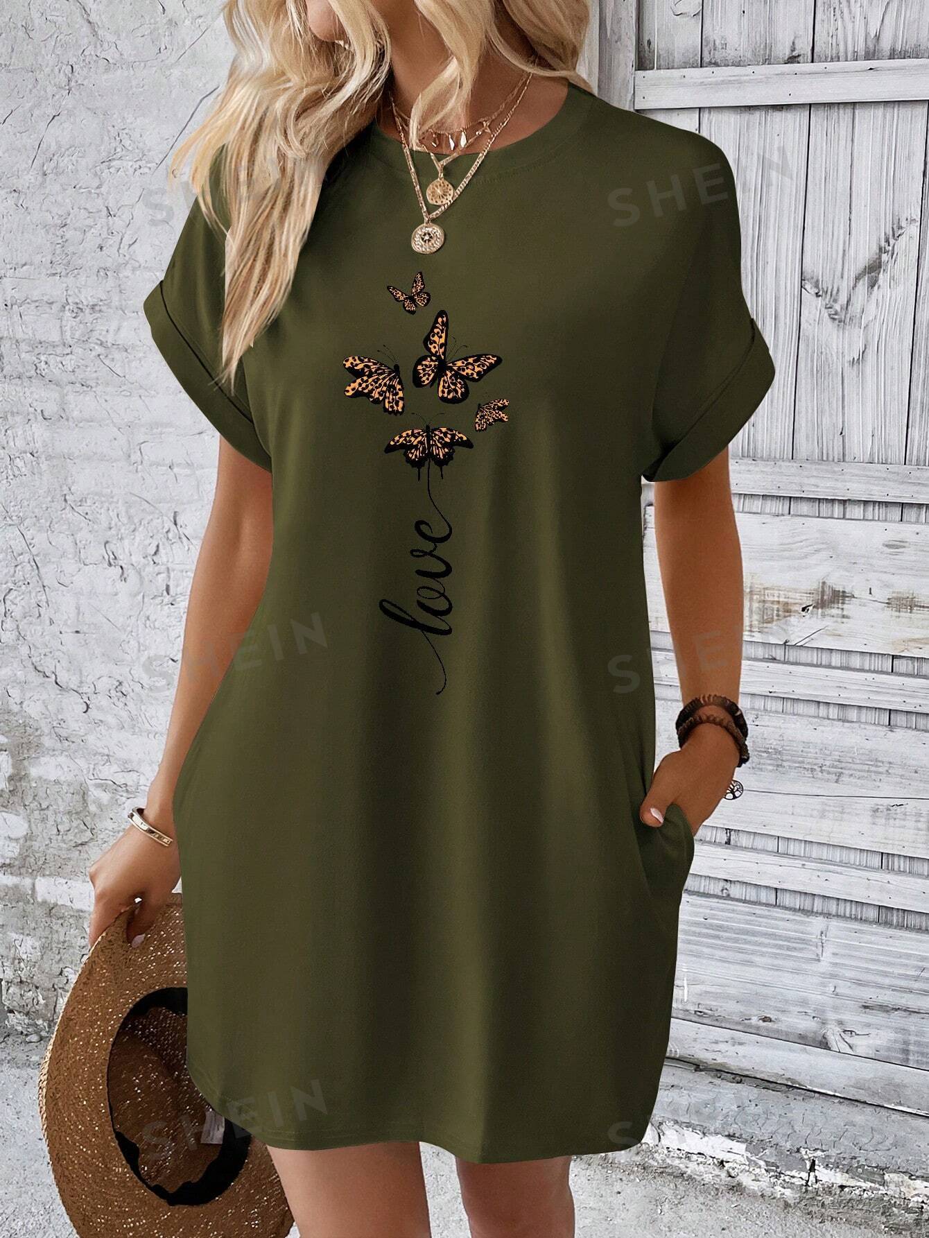 цена SHEIN LUNE Женское платье-футболка с рукавами «летучая мышь» и принтом бабочки, армейский зеленый