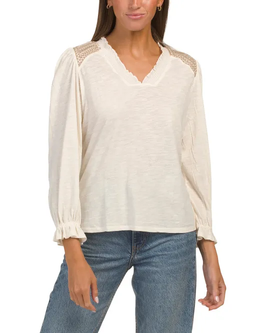 

Топ с вышивкой и рюшами на шее Lucky Brand, белый