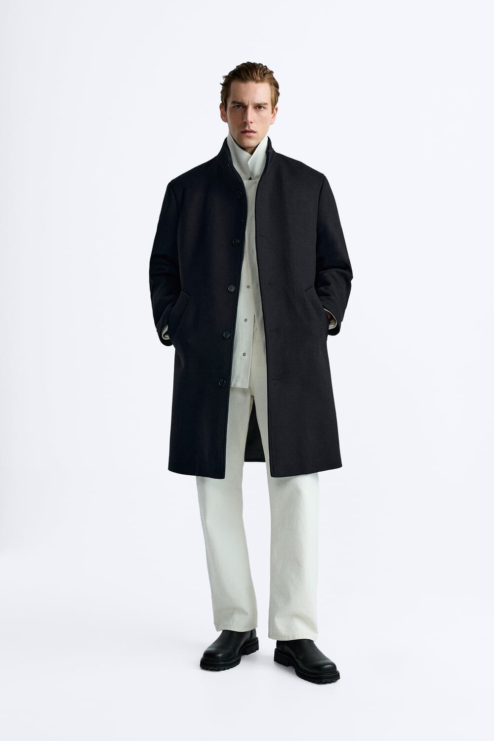 

Пальто с двойным воротником ZARA, темно-синий