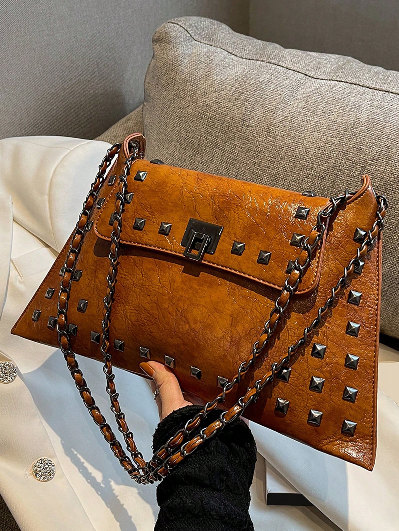 цена 1 шт. однотонная портативная модная сумка из искусственной кожи с поворотным замком, коричневый
