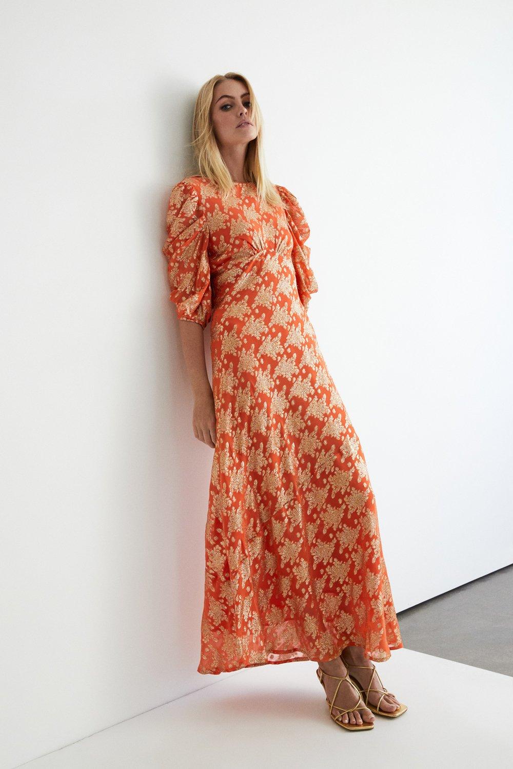 Блестящее жаккардовое платье миди Warehouse, оранжевый