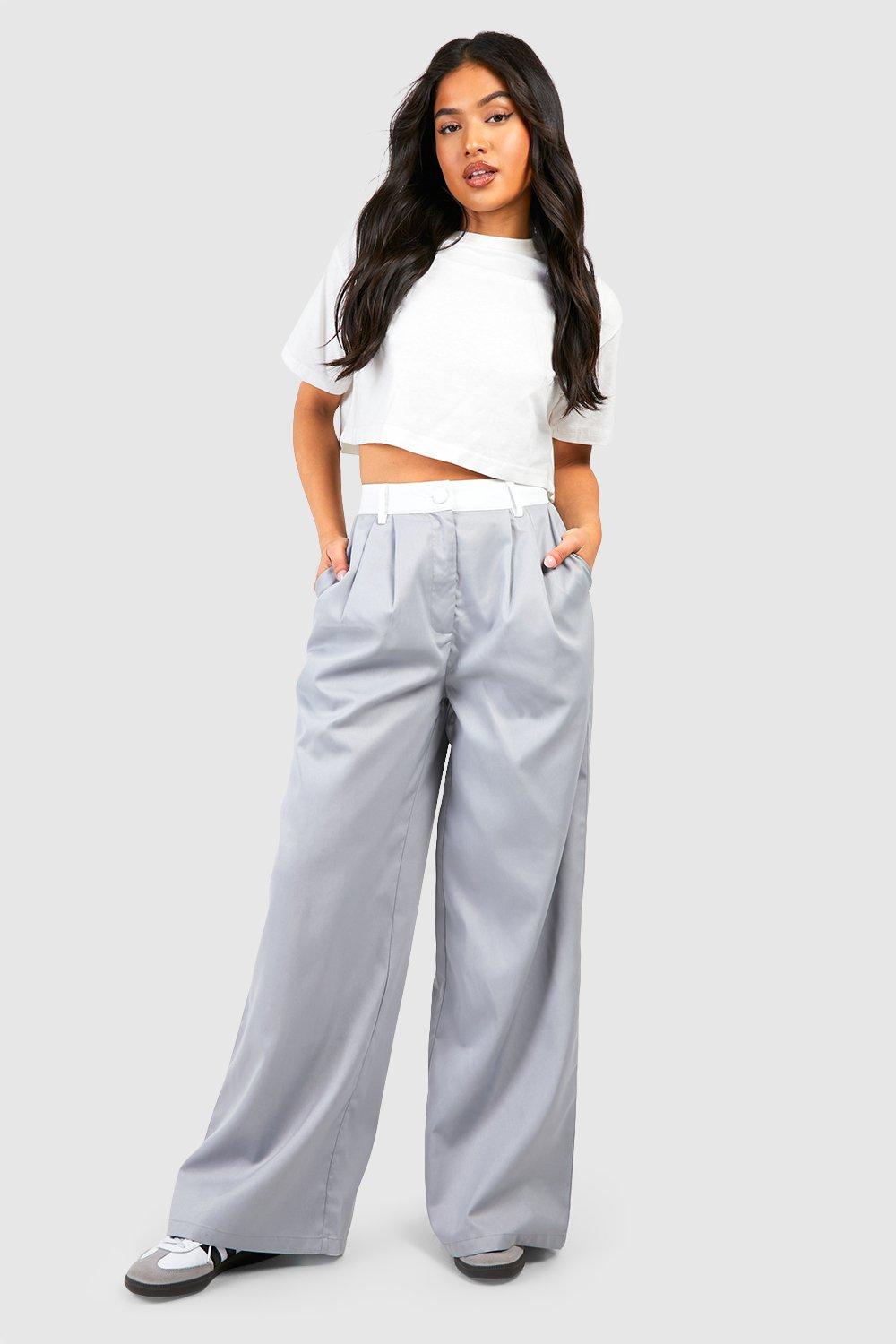 Широкие брюки Petite с контрастным поясом boohoo, серый