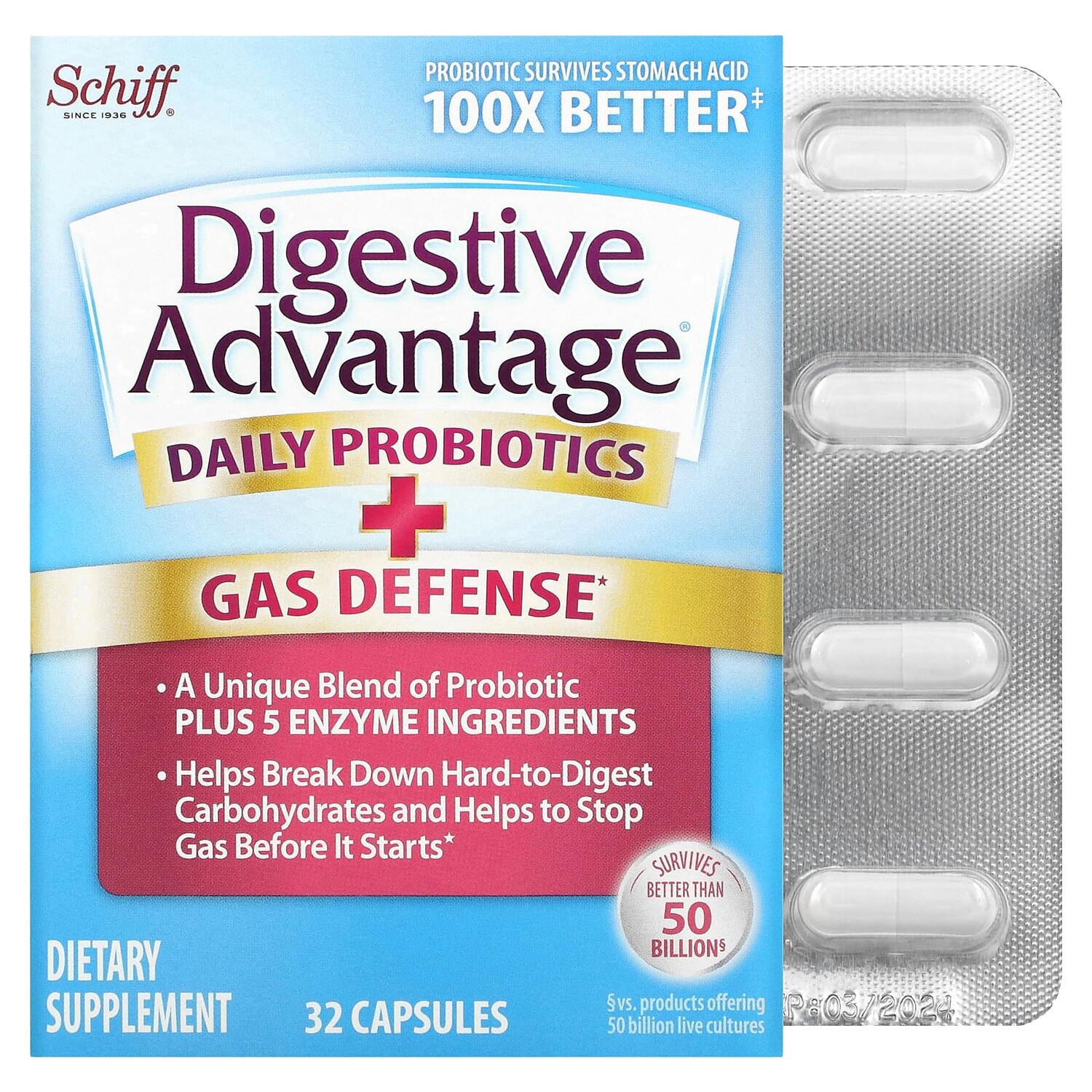 

Digestive Advantage, быстродействующие ферменты + пробиотик для ежедневного применения, 32 капсулы, Schiff