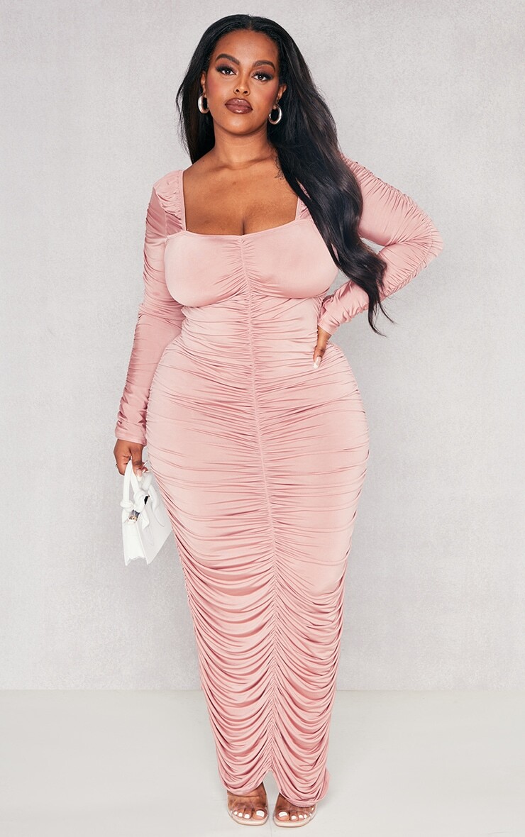 

PrettyLittleThing Платье мидакси Plus Rose с длинными рукавами и экстремальными рюшами