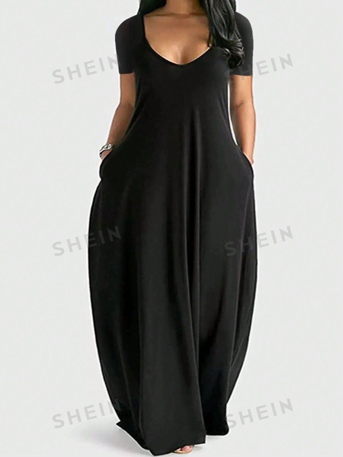 

EZwear Plus Size Однотонное платье с v-образным вырезом, талией на шнурке и карманами, летнее Shein, черный