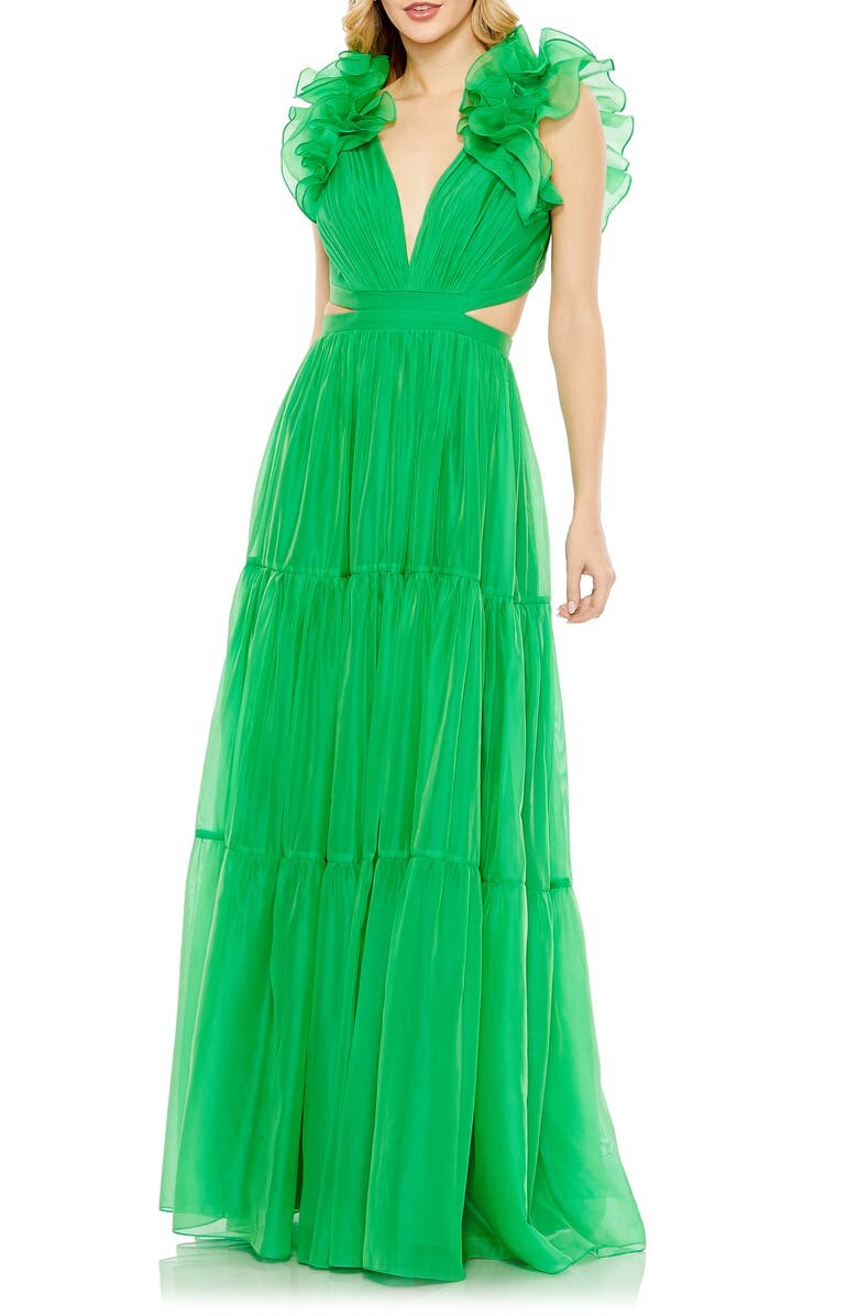 

Платье из органзы с глубоким вырезом и завышенной талией MAC DUGGAL