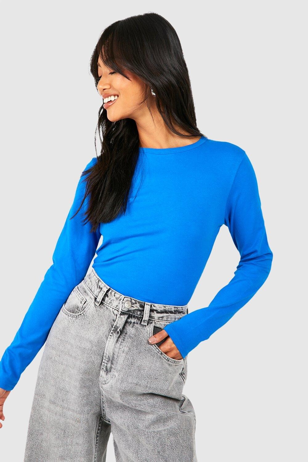 

Базовый хлопковый топ с круглым вырезом и длинными рукавами boohoo, синий
