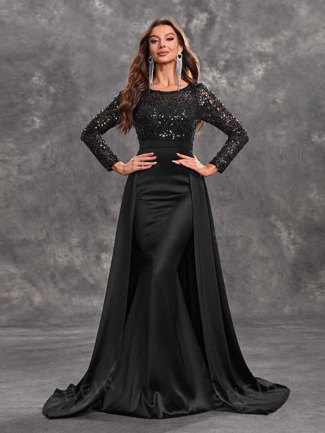 Giffniseti женское сексуальное элегантное черное вечернее платье с длинными рукавами и круглым вырезом для вечеринки, черный женское блестящее вечернее платье элегантное тюлевое платье цвета шампанского с длинными рукавами и глубоким круглым вырезом бальное лет