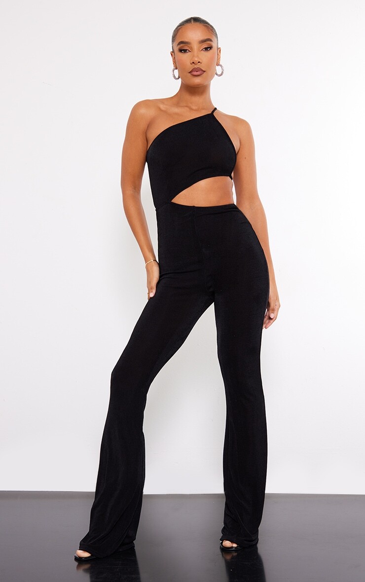 

PrettyLittleThing Черный облегающий комбинезон на одно плечо с вырезом из ацетата
