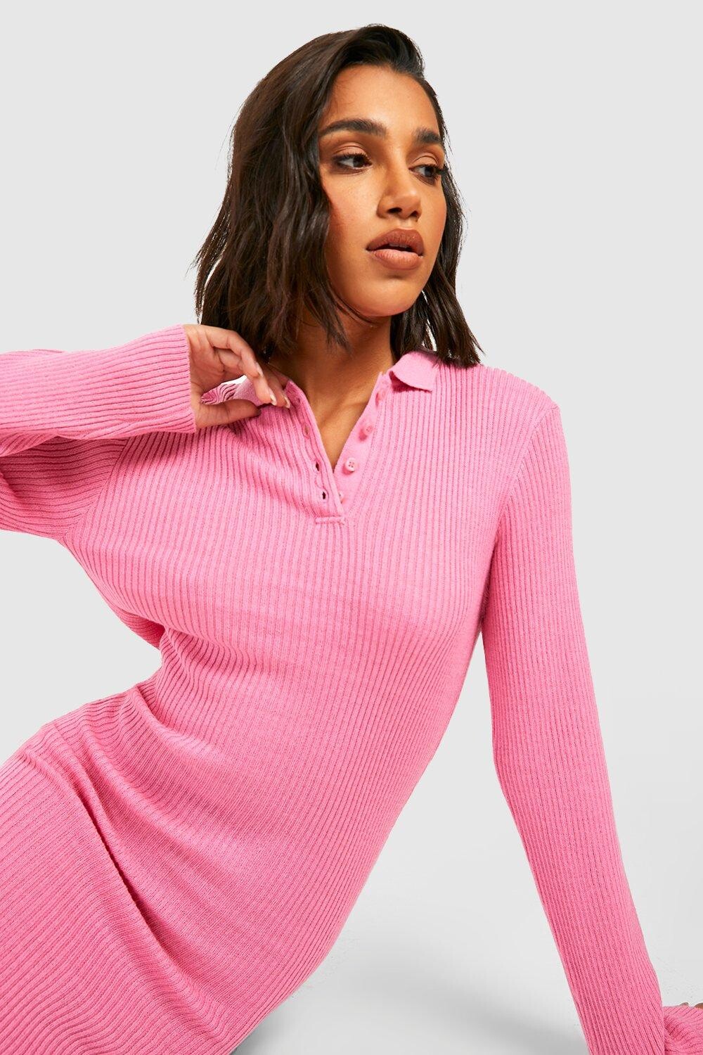 

Трикотажное платье миди с воротником поло Boohoo, розовый