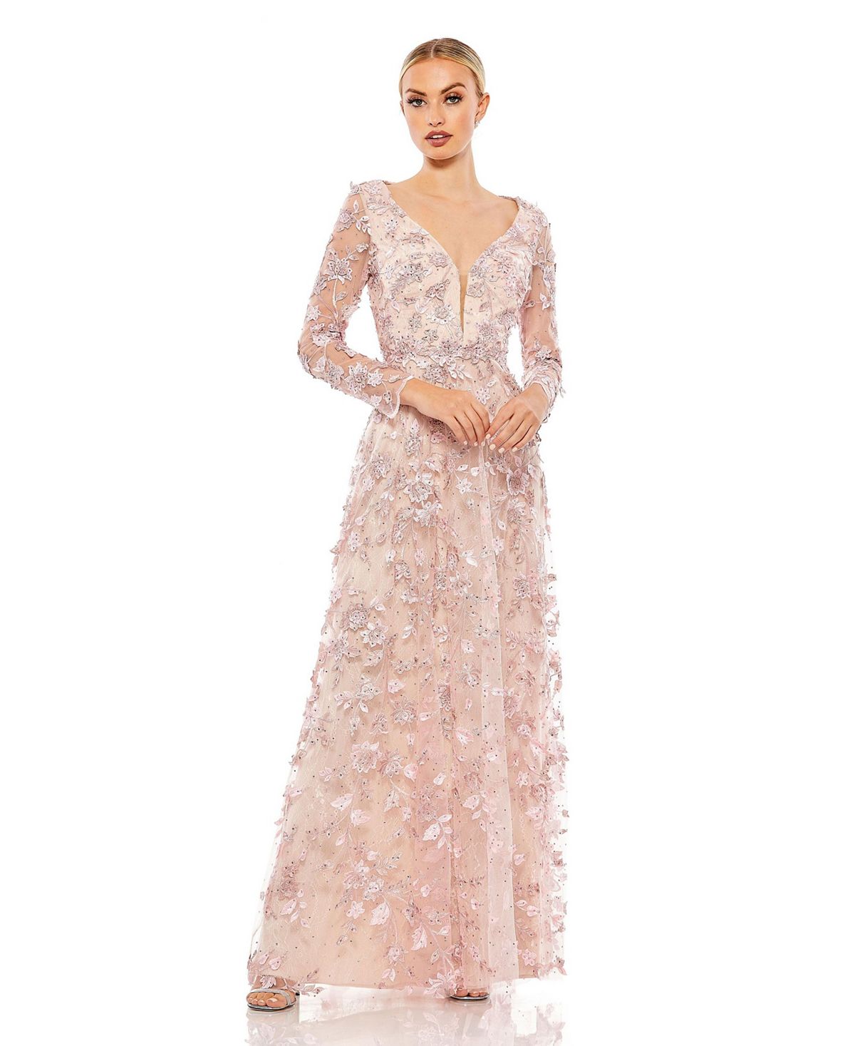 Женское иллюзионное платье с длинными рукавами и цветочной аппликацией MAC DUGGAL, розовый