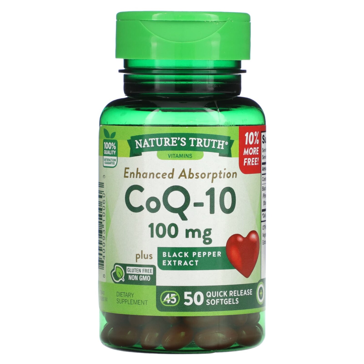 

CoQ-10, Enhanced Absorption, 100 mg, 50 Quick Release Softgels, Nature's Truth