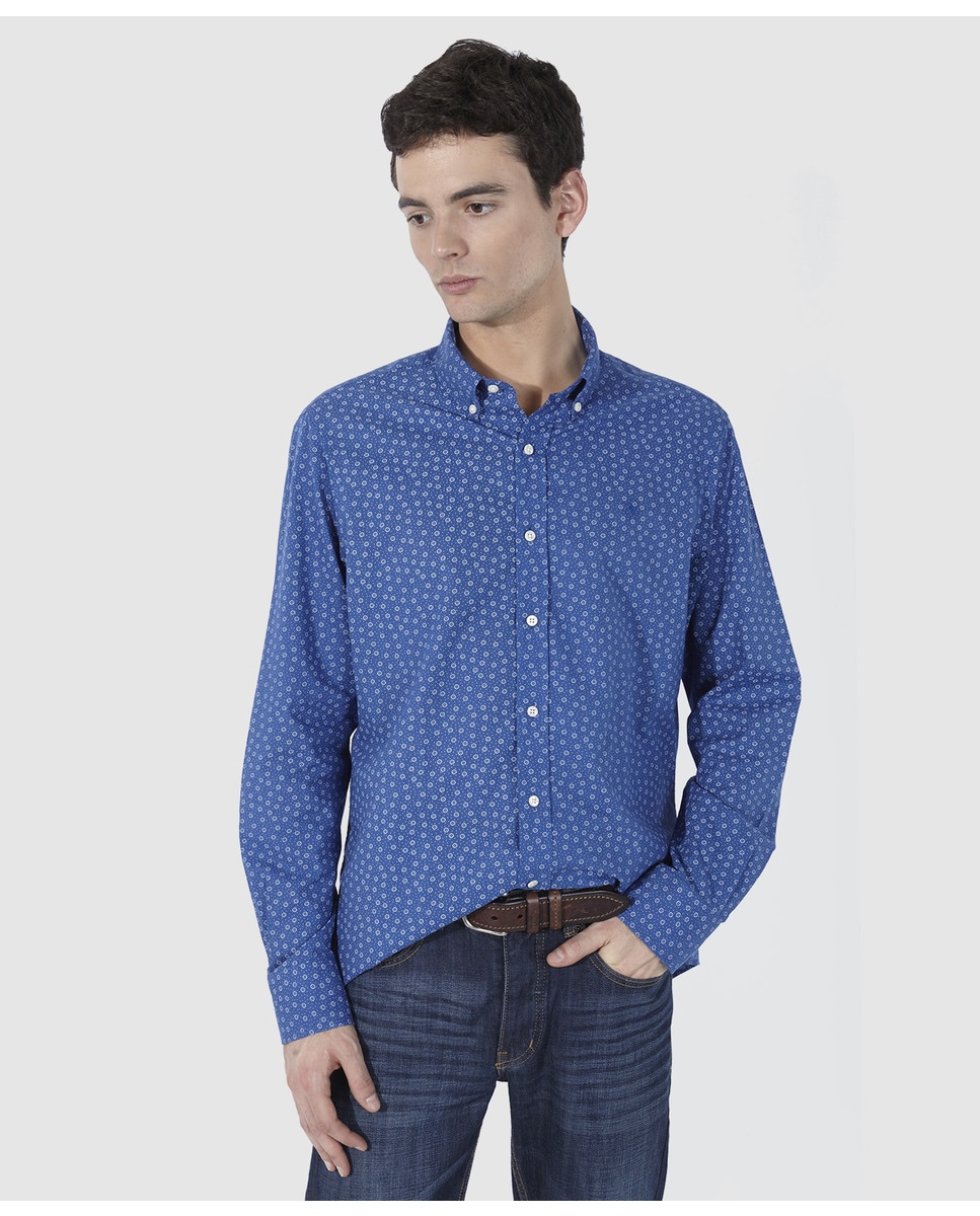 цена Синяя мужская рубашка из хлопка обычного цвета в горошек Olimpo, синий