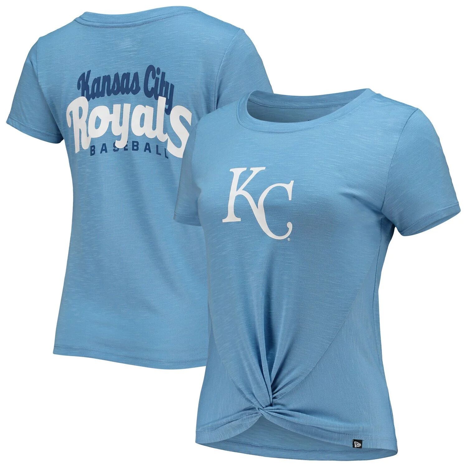 

Голубая женская футболка New Era Kansas City Royals 2-Hit с поворотом спереди Burnout New Era