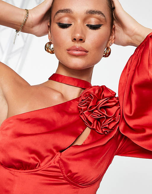 

Красный топ на одно плечо с длинными рукавами и корсажем ASOS DESIGN