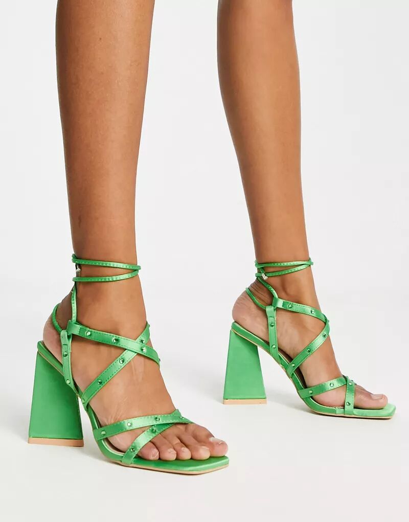 Зеленые атласные босоножки RAID Elinora на блочном каблуке с заклепками