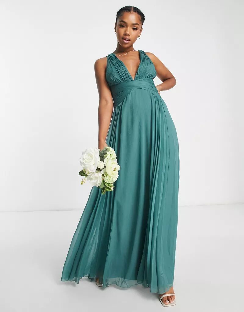 Дымчато-зеленое длинное платье подружки невесты с драпировкой, присборенным лифом и запахом на талии ASOS