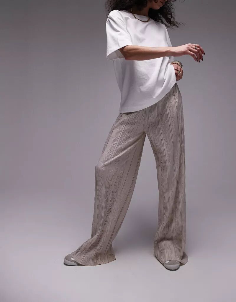 Широкие плиссированные брюки Topshop каменно-бежевого цвета с жатой текстурой
