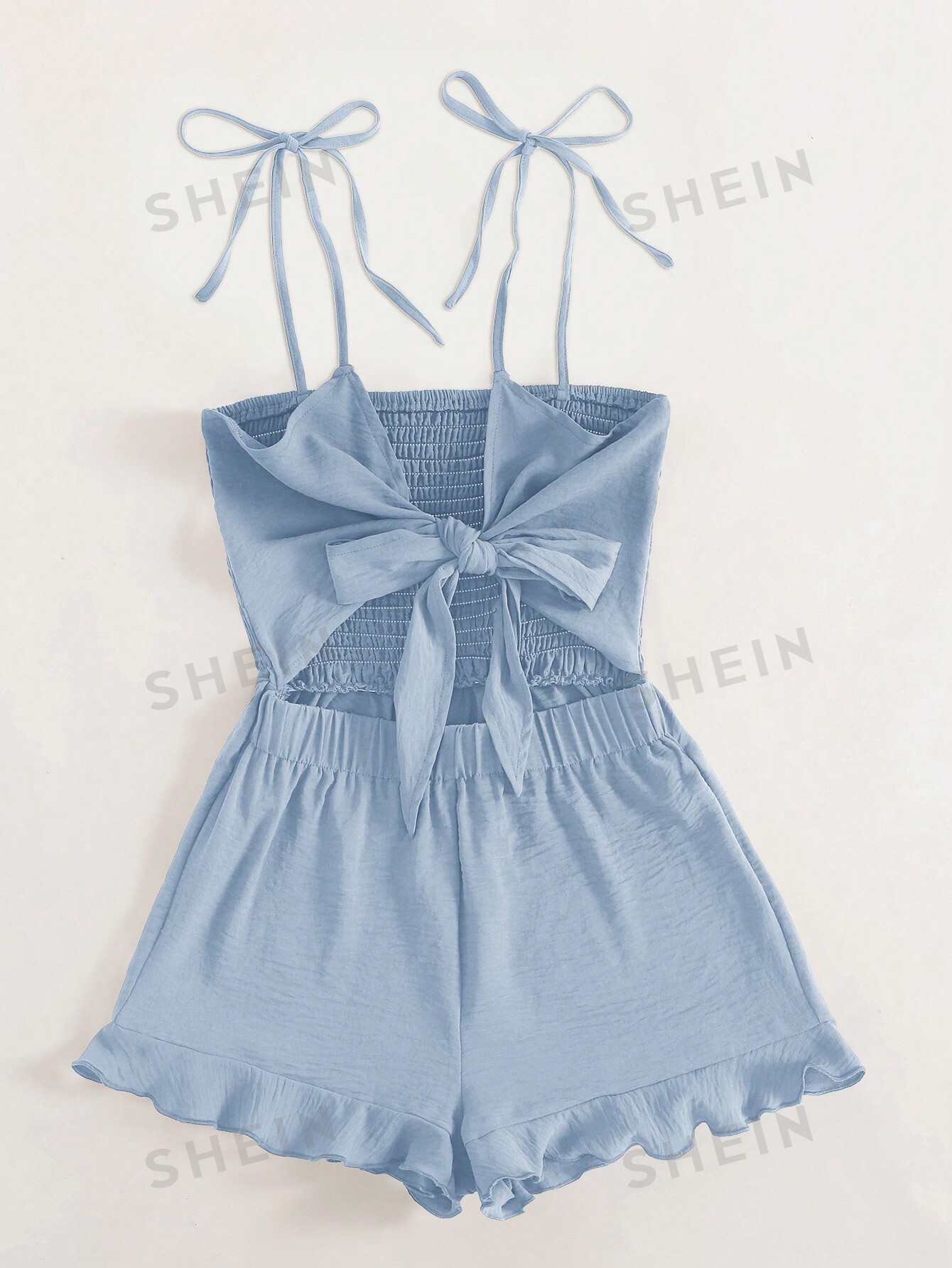цена SHEIN VCAY Женский комбинезон с завязкой спереди, открытой спиной и шортами, голубые