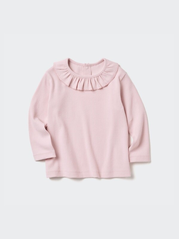 

Футболка с круглым вырезом и длинным рукавом для малышей оборка Uniqlo, розовый