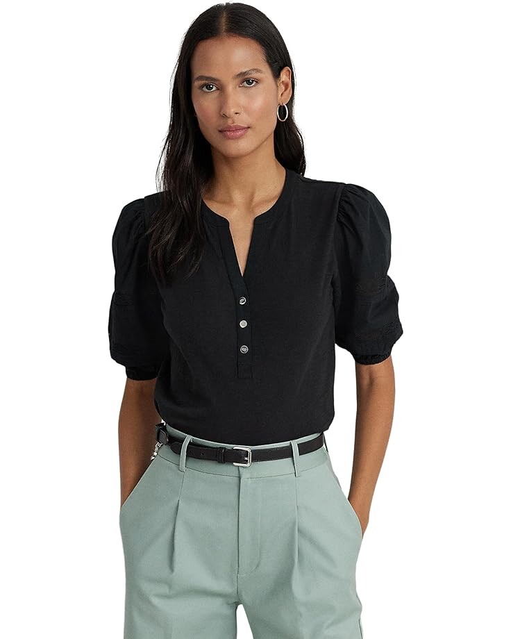 

Футболка LAUREN Ralph Lauren Petite Lace-Trim Jersey Puff-Sleeve Henley, черный