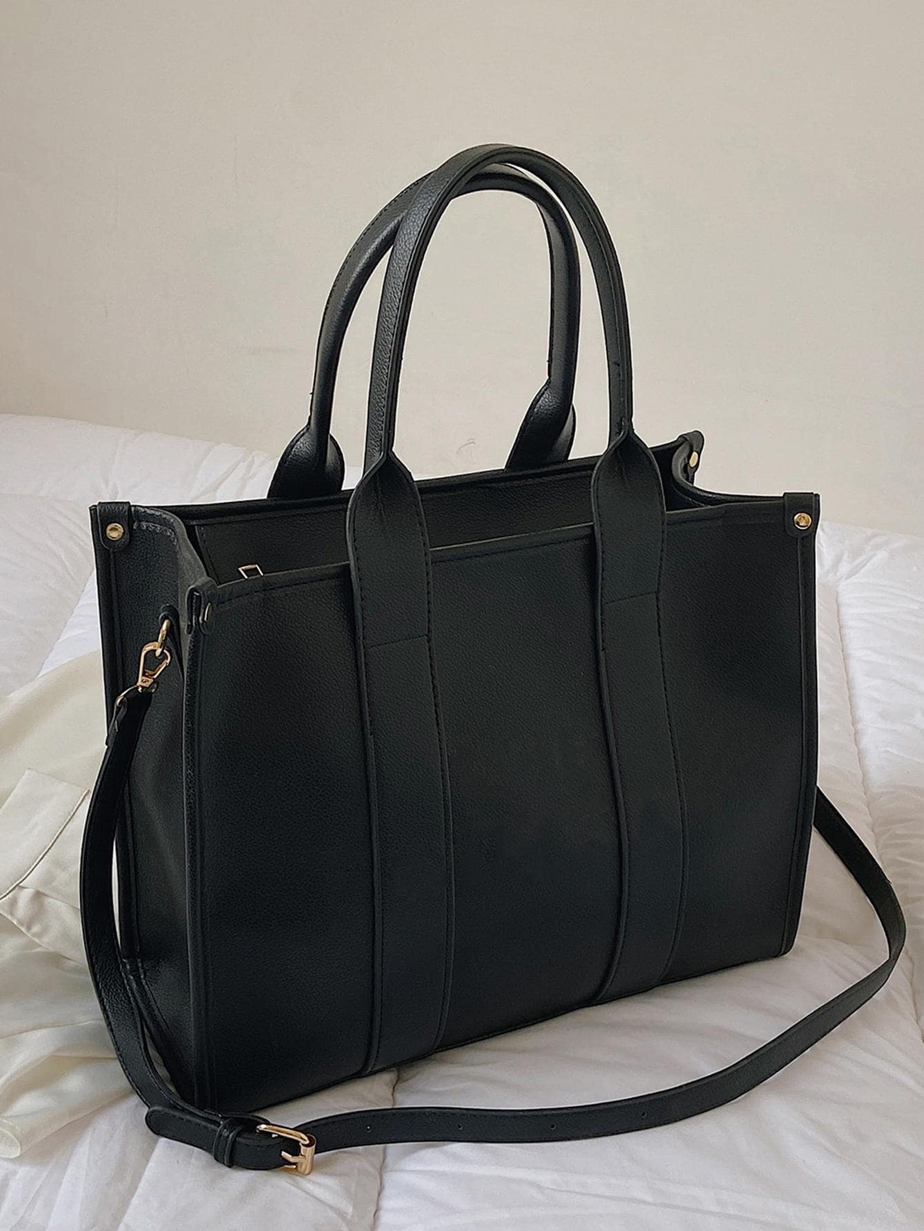 Модная однотонная женская сумка-тоут большой емкости, черный повседневная холщовая сумка тоут для женщин сумка на широком ремешке в стиле пэчворк модная сумка через плечо женская однотонная деловая