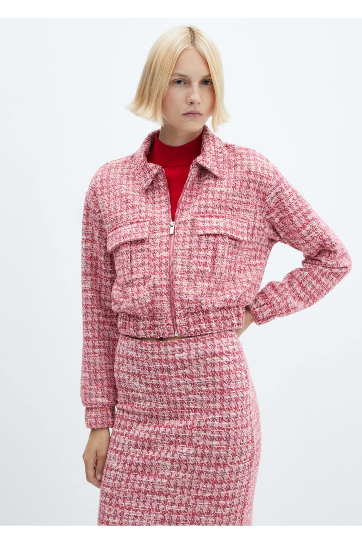 Твидовый пиджак с узором «гусиные лапки» Mango, розовый женский твидовый блейзер в стиле гусиные лапки