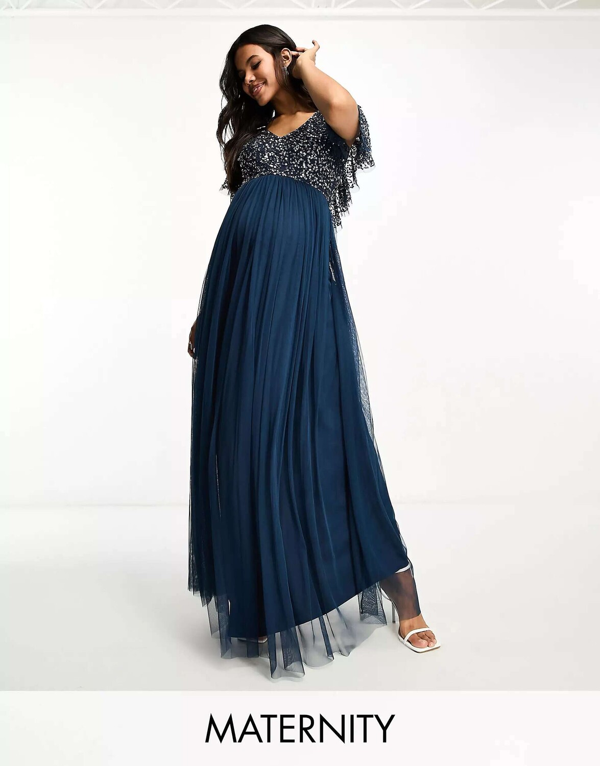 

Темно-синее платье макси с развевающимися деталями Beauut Maternity Bridesmaid, Синий