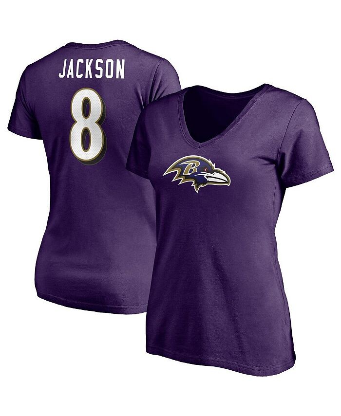 

Женская фиолетовая футболка с логотипом Lamar Jackson и логотипом игрока Baltimore Ravens с v-образным вырезом Fanatics, фиолетовый