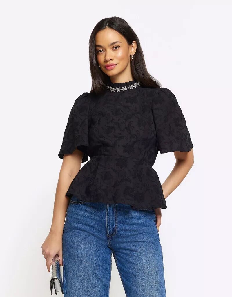 

Черная блузка с жаккардовой отделкой River Island