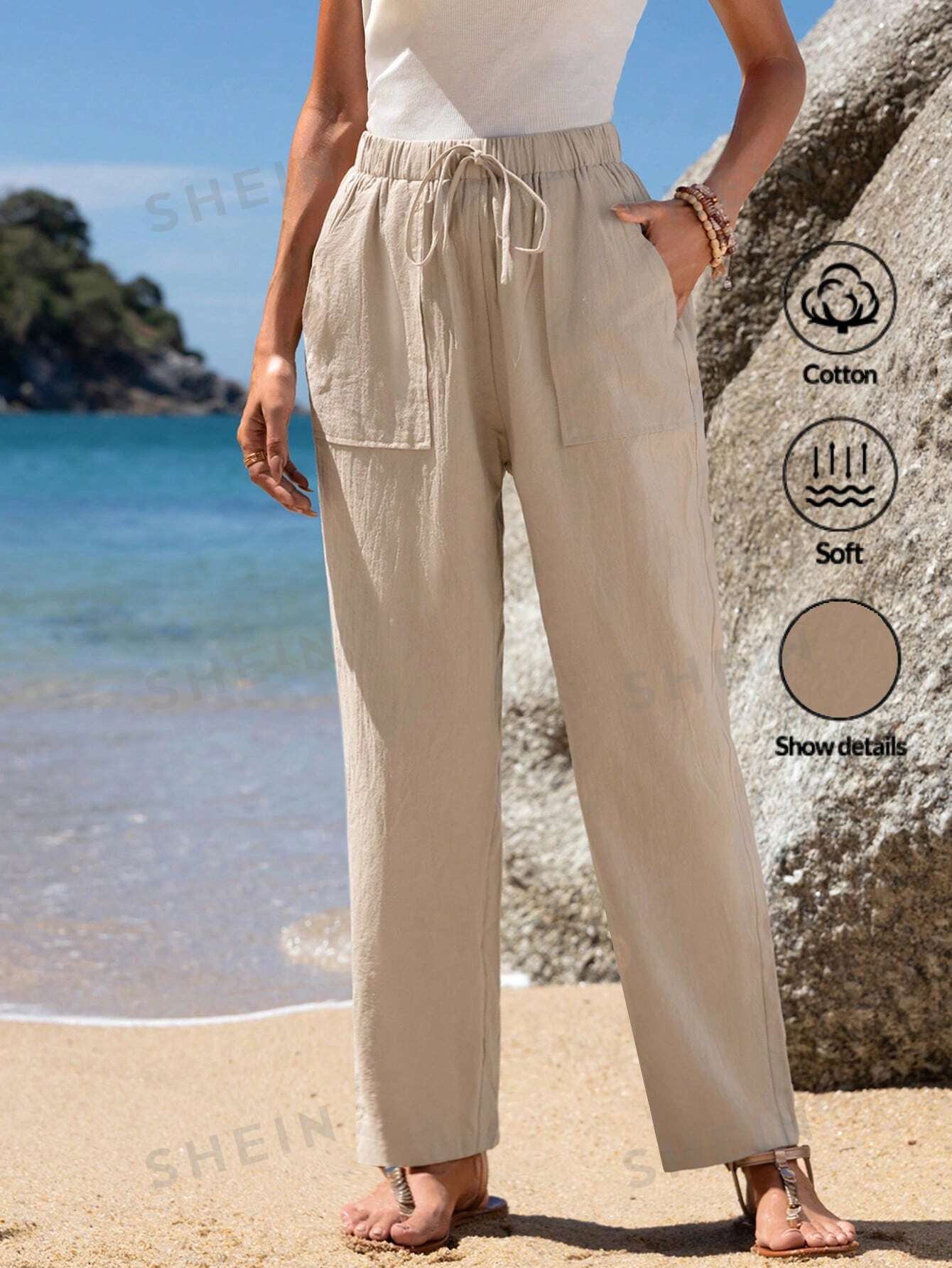 Женские повседневные эластичные брюки EMERY ROSE прямого кроя с завязками на талии, хаки цена и фото