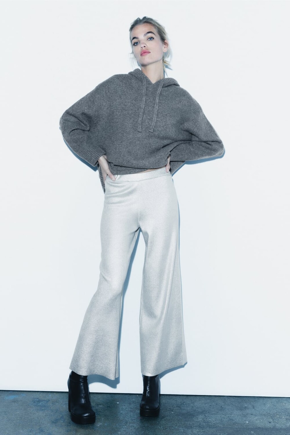 

Широкие брюки вязки фольгой ZARA, серебряный, Серый
