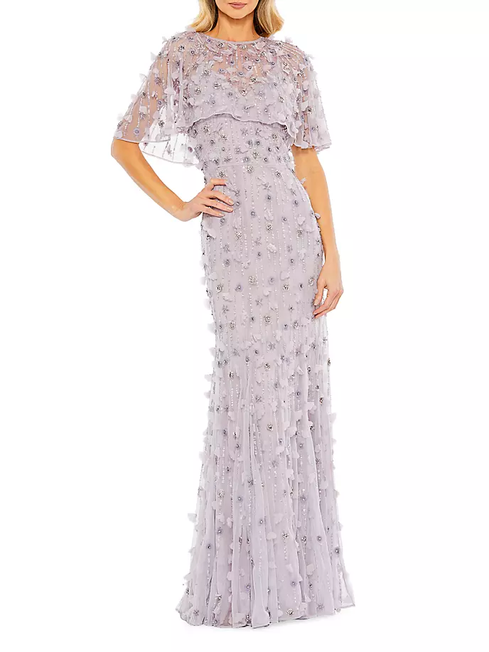 

Украшенное платье-раструб с рукавами-накидкой и иллюзией Mac Duggal, цвет vintage lilac