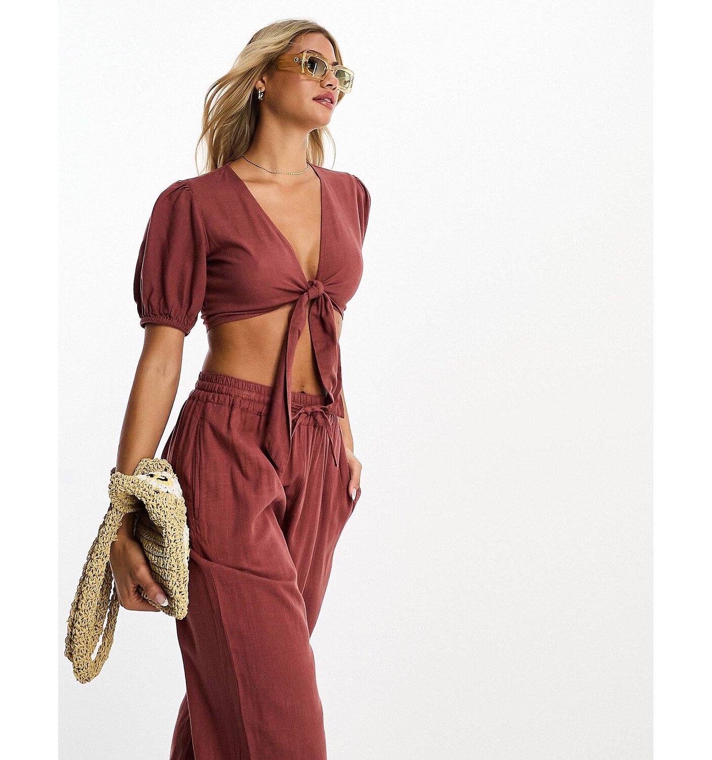 

Терракотовый льняной топ с завязками спереди ASOS DESIGN
