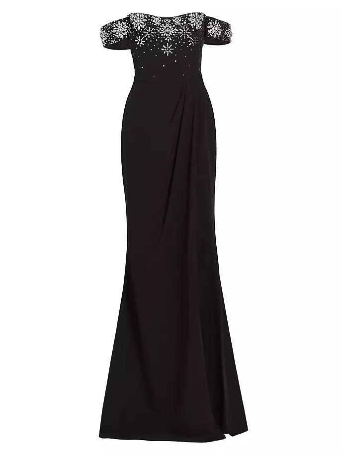 Платье из эластичного крепа с открытыми плечами, расшитое бисером Marchesa Notte, черный