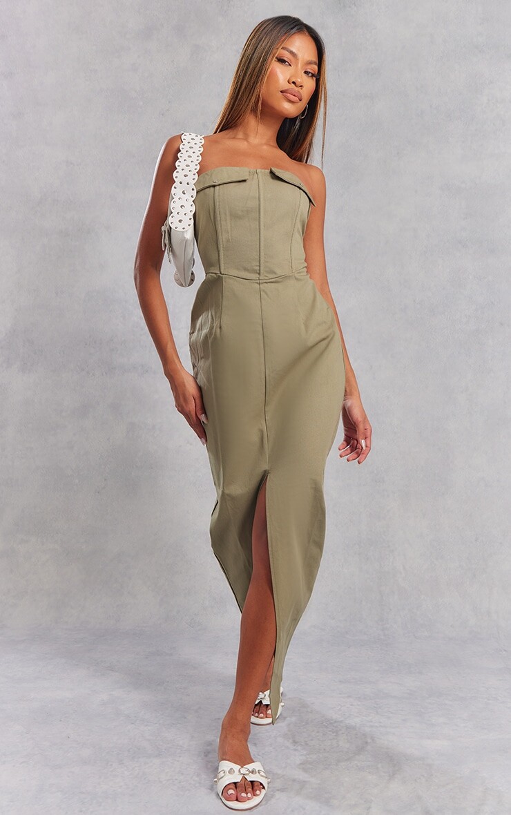 

PrettyLittleThing Платье мидакси цвета хаки с разрезом спереди и карманами карго Sage