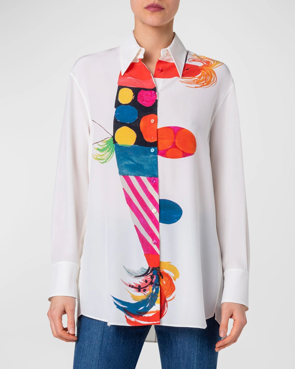 

Блуза из шелкового крепа с принтом в виде петуха Akris, цвет Ecru-Multicolor