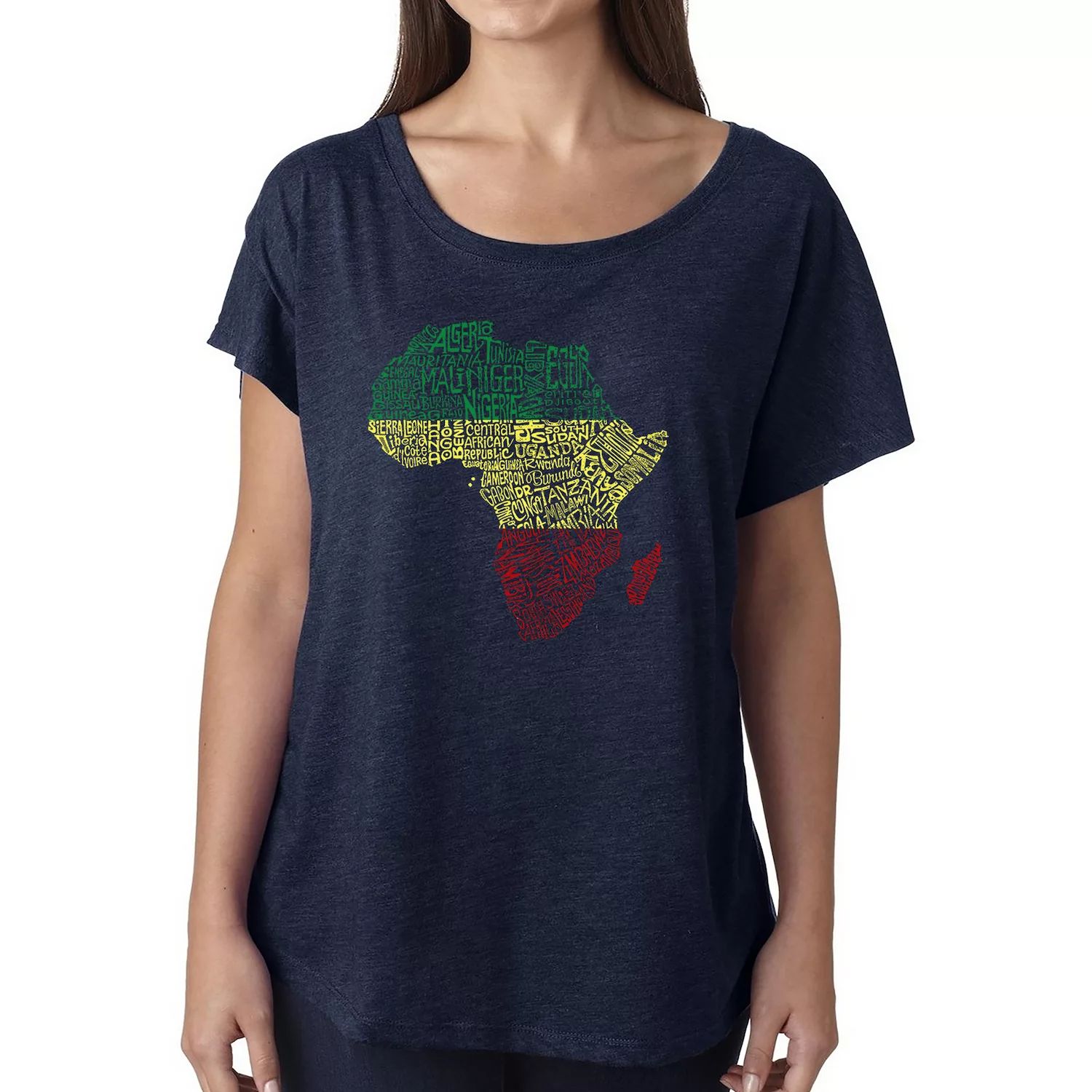 Страны Африки — женская рубашка «летучая мышь» Word Art LA Pop Art, темно-синий 