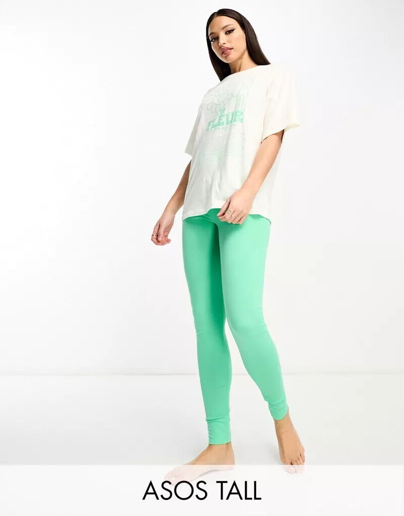 

Эксклюзивная пижама ASOS DESIGN Tall, состоящая из футболки и леггинсов кремового цвета с зеленым цветочным принтом