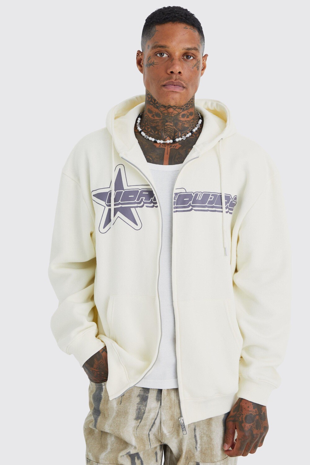 

Худи оверсайз worldwide star на молнии Boohoo, экру