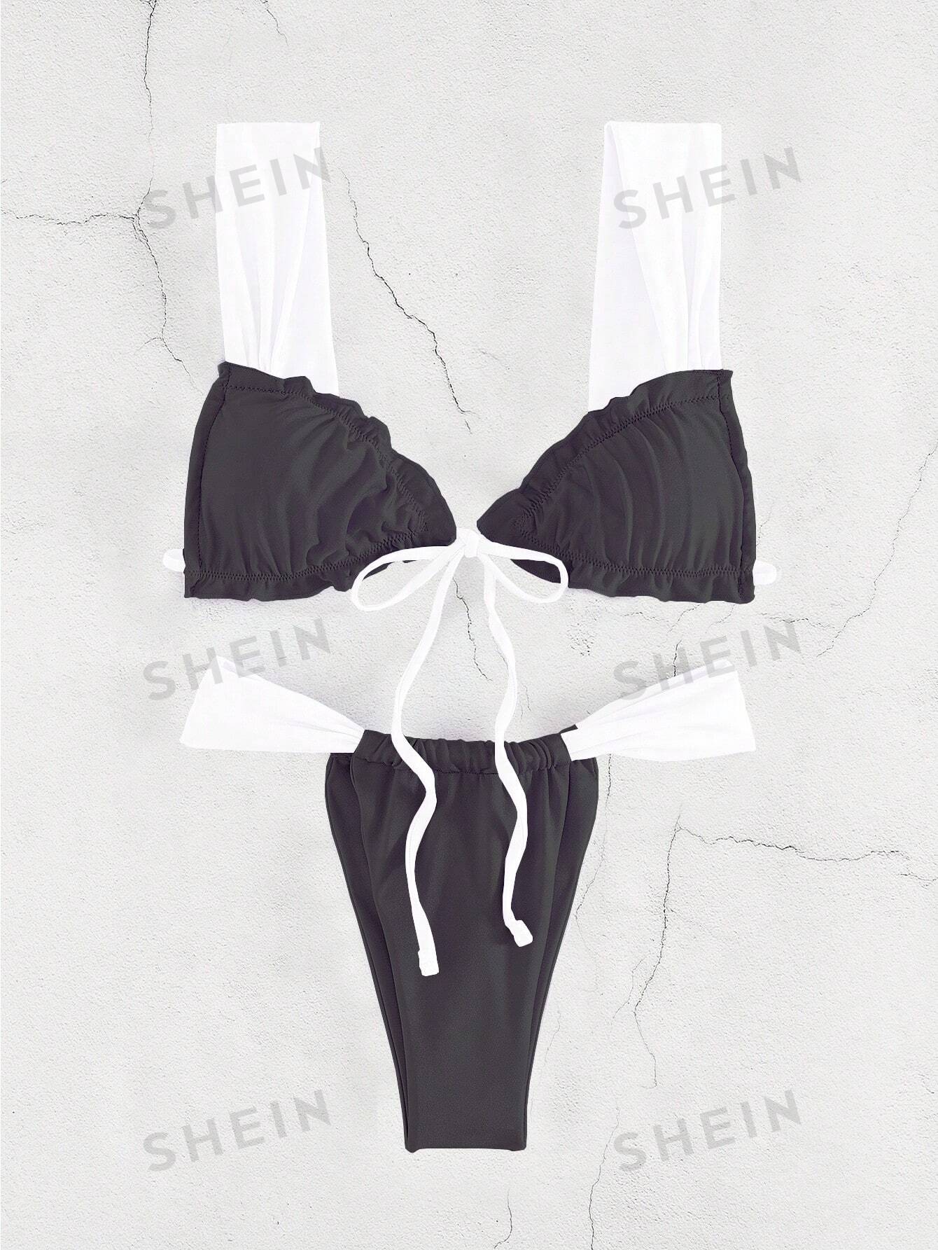 Новое поступление стильный сексуальный купальник бикини с цветными блоками, черное и белое сексуальное бандажное бикини bandeaukini новинка 2021 женский купальный костюм топ танга комплект из двух предметов бразильский летний купальн