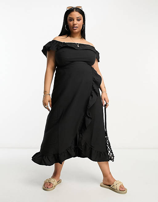 Черное фактурное платье миди с оборками и открытыми плечами River Island Plus