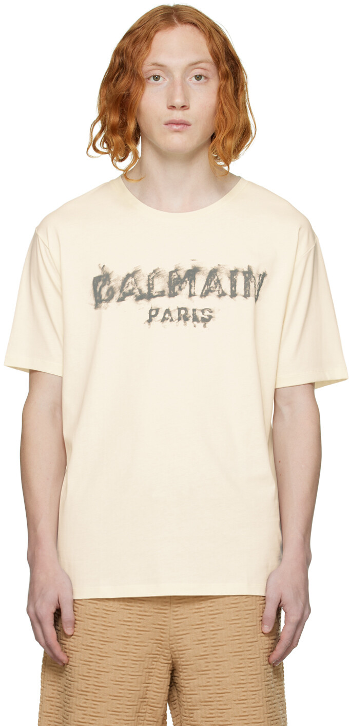 

Бежевая футболка с принтом Balmain