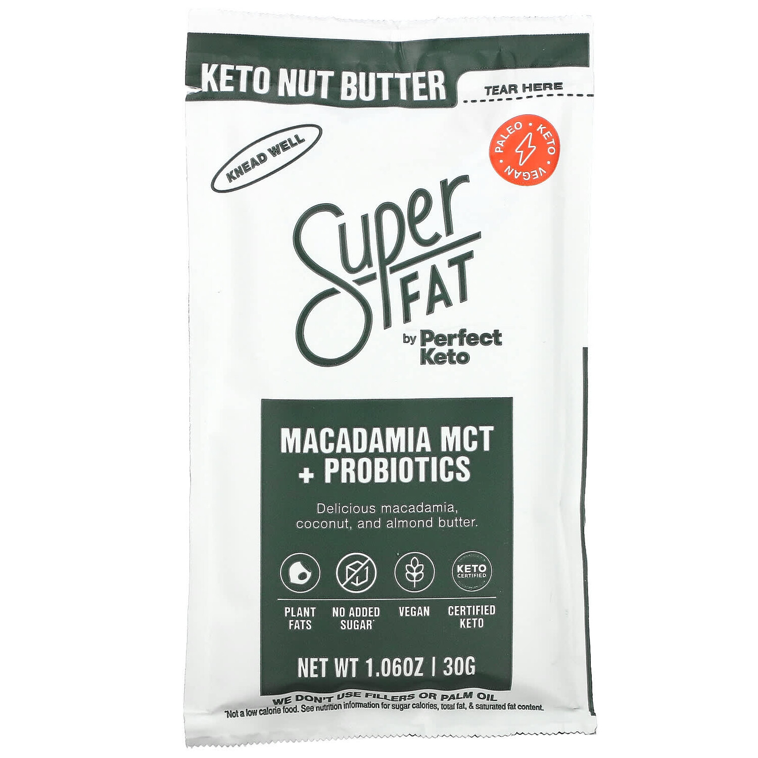 

Keto Nut Butter, MCT макадамии + пробиотики, 30 г (1,06 унции), SuperFat